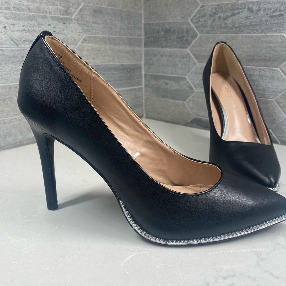BCBG Harlia black leather pointy toe heels
